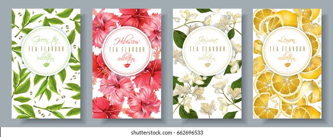 Vector popular tea flovour vertical banners set. Green tea, hibiscus, jasmine, lemon. Design for packaging, drink menu and tea products. Can be used as summer background