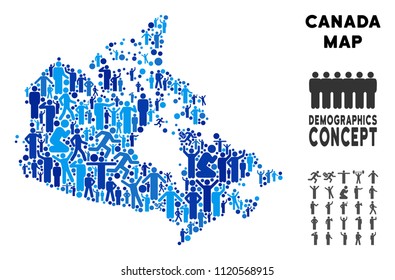 Vector population Canada map. Demography collage of Canada map organized of humans with different postures. Demographic map in blue tints. Abstract social plan of national mass cartography.