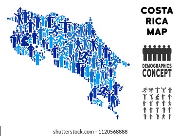 Vector population Costa Rica map. Demography collage of Costa Rica map created of men with different poses. Demographic map in blue tints. Abstract social scheme of nation public cartography.