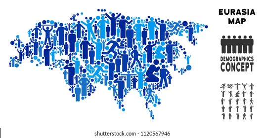 Vector population Eurasia map. Demography concept of Eurasia map done of people with variable positions. Demographic map in blue tints. Abstract social plan of nation audience cartography.