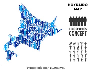 Vector population Hokkaido Island map. Demography abstraction of Hokkaido Island map combined of people with variable poses. Demographic map in blue variations.