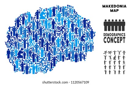 Vector population Makedonia map. Demography mosaic of Makedonia map done of men with different positions. Demographic map in blue tints. Abstract social plan of nation audience cartography.