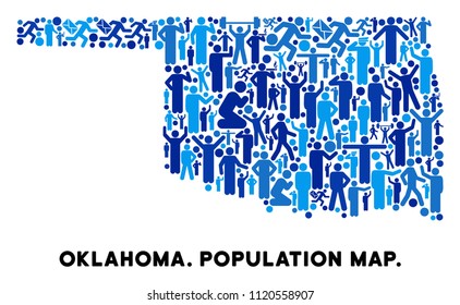 Vector population Oklahoma State map. Demography concept of Oklahoma State map created of humans with different positions. Demographic map in blue tints.