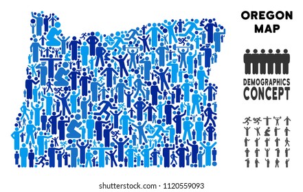 Vector population Oregon State map. Demography abstraction of Oregon State map created of men with different postures. Demographic map in blue tones.