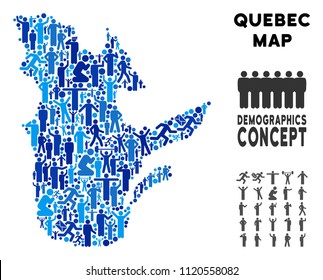 Vector population Quebec Province map. Demography composition of Quebec Province map composed of men with variable positions. Demographic map in blue tints.