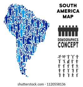 Vector population South America map. Demography composition of South America map constructed of persons with different postures. Demographic map in blue shades.