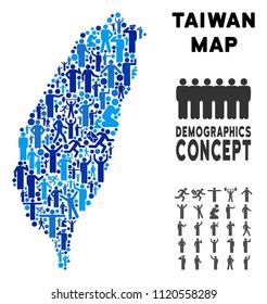 Vector population Taiwan Island map. Demography composition of Taiwan Island map created of people with different positions. Demographic map in blue hues.