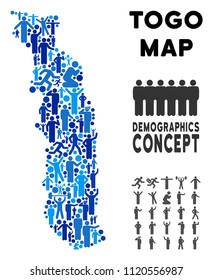 Vector population Togo map. Demography composition of Togo map created of crowd with variable poses. Demographic map in blue shades. Abstract social scheme of national group cartography.