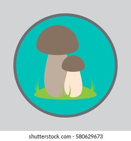 Vector Porcini Mushrooms with grass Flat Design Illustration Logo . Leshie meat .Boletus  