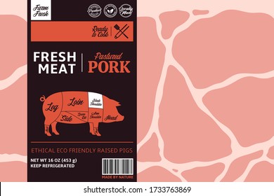 Vector pork label design. Pig icon. Meat background. American (US) cuts of pork diagram