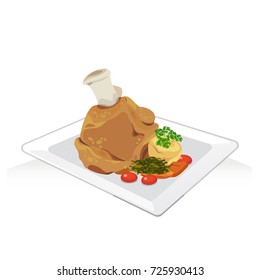 Vector of pork leg fried with mash potato grilled carrots.