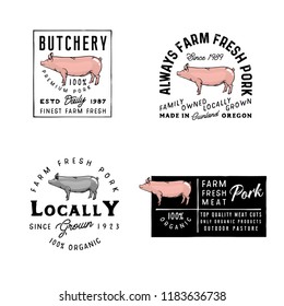 Vector Pork Logos, badges, labels, signs, emblems. Vintage style of badges. Retro simple style butchery emblems. Farm logo templates