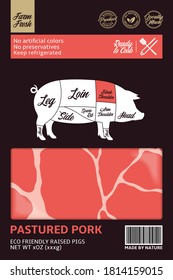 Vector pork packaging design. Pig silhouette. American (US) cuts of pork diagram