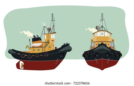 Vector port tugboat in retro style in two perspectives for advertising, printed products and websites