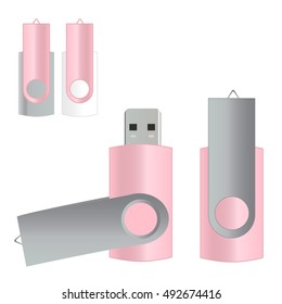 Vector portable USB Flash Drive isolated on white background baby pink color