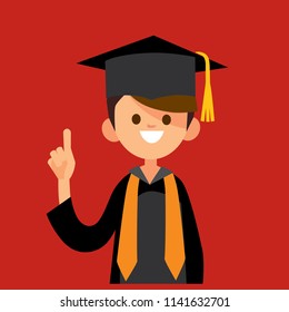 Vector portait college, university graduate male boy in a graduation gown, hat and mortar board  with index finger up gesture smiling. High school college, university graduation ceremony.
