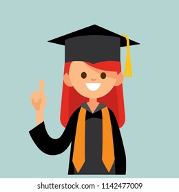 Vector portait college, university graduate female girl in a graduation gown, hat and mortar board with index finger up gesture smiling. High school college, university graduation ceremony.