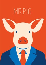 Vector Portait Of A Pig In Suit And Tie. Businessman Character