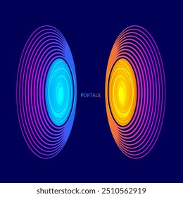 Vector Portals to travel in different timezone.  futuristic teleportation device. Red and blue color glowing gate. Other Dimension or parallel Universe. Space phenomenon. Glowing rings. 