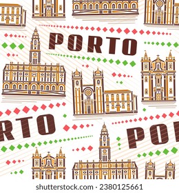 Vector Porto Seamless Pattern, repeat background with illustration of famous historical porto city scape on white background for wrapping paper, decorative line art urban poster with brown text porto