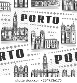 Vector Porto Seamless Pattern, quadratischer mehrfarbiger Hintergrund mit Illustration des berühmten europäischen Porto Innenstadt Stadtbild auf weißem Hintergrund, einfarbiges Linien-Kunst-Stadtposter mit schwarzem Textporto