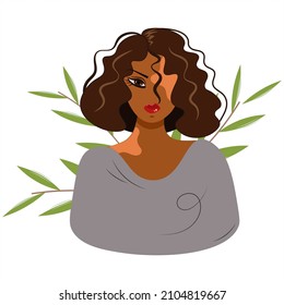 Vector portrait of an African American woman with vision disabilities and suffering from vitiligo. A doomed look, pursed lips. The concept of support, mutual understanding. Self acceptance.