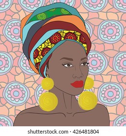 Vector portrait of African American woman in kerchief with gold earrings. Hand drawn. African print background.