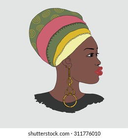 Vector portrait of African woman with gold earrings 