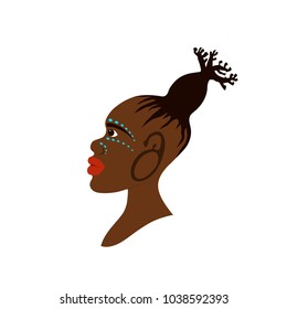Vector portrait of African woman with traditional hairstyle in baobab tree shape and war-paint makeup. Baobab concept