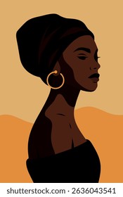 Vector portrait of African woman in turban with earrings. Poster-card for women's day. Symbol of pride, aesthetics, power of beauty. Modern ethnic portrait art in minimalist style for women's projects