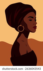 Retrato vetorial de mulher africana em turbante com brincos. Cartaz para o dia da mulher. Símbolo de orgulho, estética, poder da beleza. Arte moderna de retratos étnicos em estilo minimalista para projetos femininos