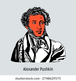 Vector portrait of Alexander Pushkin, the greatest Russian poet and founder of modern Russian literature. Classical engraving style illustration of the legendary 19th-century author.