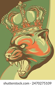 Vector portrait of an angry, grinning Puma, wild cat with a golden crown on his head