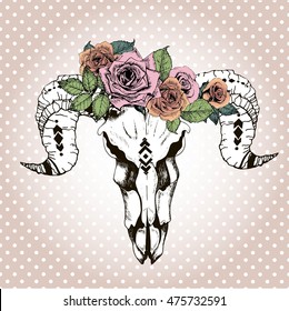 Vector portrait of animal skull wearing the floral crown. Isolated on rose-gold background with white polka dots. Vintage engraved style color illustration. Print for tattoo.