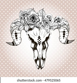 Vector portrait of animal skull wearing the floral crown. Isolated on rose-gold background with white polka dots. Vintage engraved style illustration. Print for tattoo.