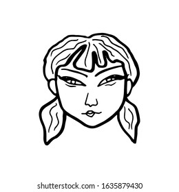 Vector portrait of an asian woman head in cartoon black ink style isolated on white.Traced illustration of female head, hairstyle with two ponytails. Contour drawing of the human head