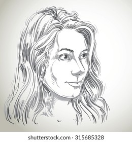 Vector portrait of attractive Caucasian woman with long wavy hair, illustration of good-looking female. Person emotional face expression. 