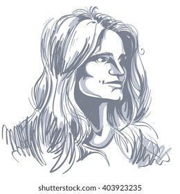 Vector portrait of attractive pensive woman, illustration of good-looking romantic female. Person emotional face expression. 