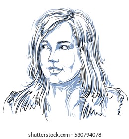 Vector portrait of attractive woman, illustration of good-looking curious female. Person emotional face expression. 