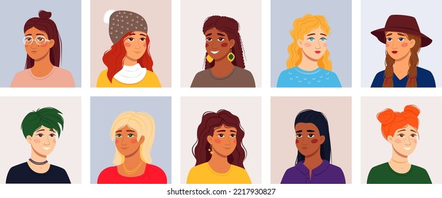 Vector Portrait Of Avatars Of Girls And Women With Different Hairstyles And Accessories, Various Hair And Skin Color