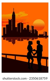 
vector portrait background silhouette .one romantic couple on lakeside bridge in city park and tall building near lake during evening time with full moon which adds beauty of nature.