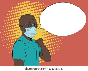 Vector portrait of bald african american man in medical mask pointing at you with finger. Pop art illustration