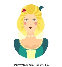 Vector portrait of ballerina flat princess or queen, wooden retro toy from Russian ballet, seasonal avatar head in flat style.
