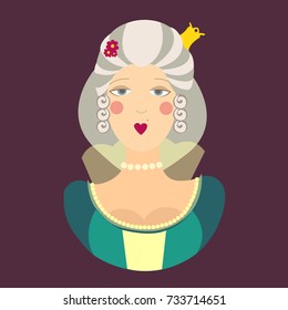 Vector portrait of ballerina flat princess or queen, wooden retro toy from Russian ballet, seasonal avatar head in flat style.