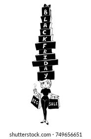 Vector portrait banner with Black Friday purchases and young woman/girl holding Big Sale bags