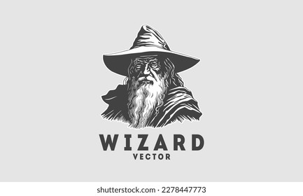 Vector portrait of a bearded elderly wizard in a big hat. Monochrome logo, sticker or icon. Isolated background.