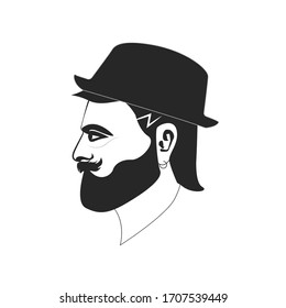 Vector portrait of bearded hipster face wearing hat looking away. eps10