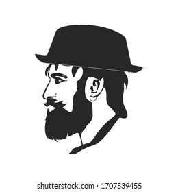 Vector portrait of bearded hipster face wearing hat looking away. eps10