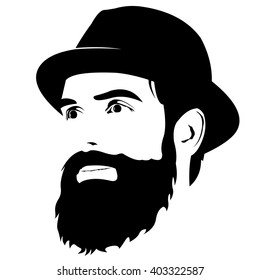 Vector portrait of bearded hipster face wearing hat looking away. 