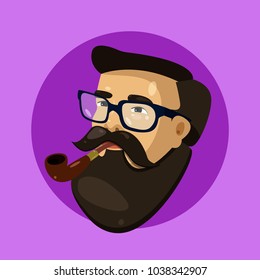 Vector portrait of bearded man hipster in glasses with pipe side-view.